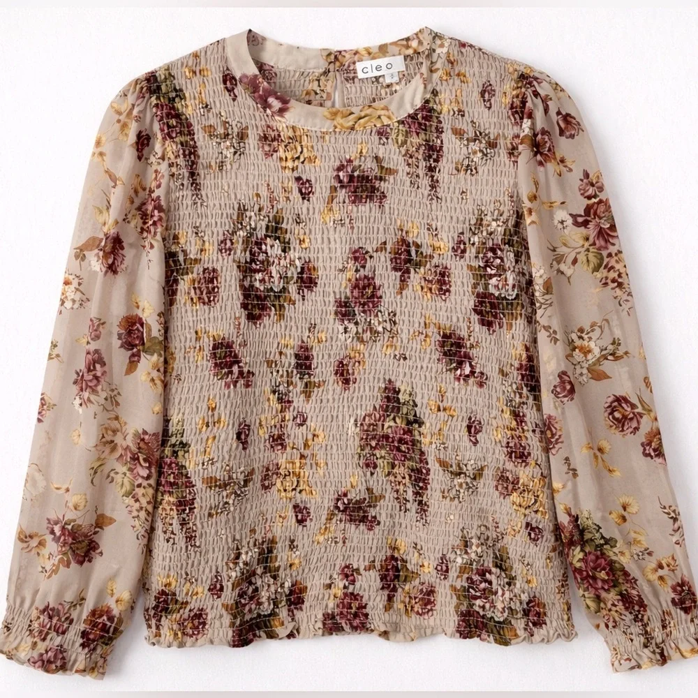 CLEO-Floral Smocked Blouse | Long Sleeve Sheer Boho Top | Size Small - Picture 1 of 14
